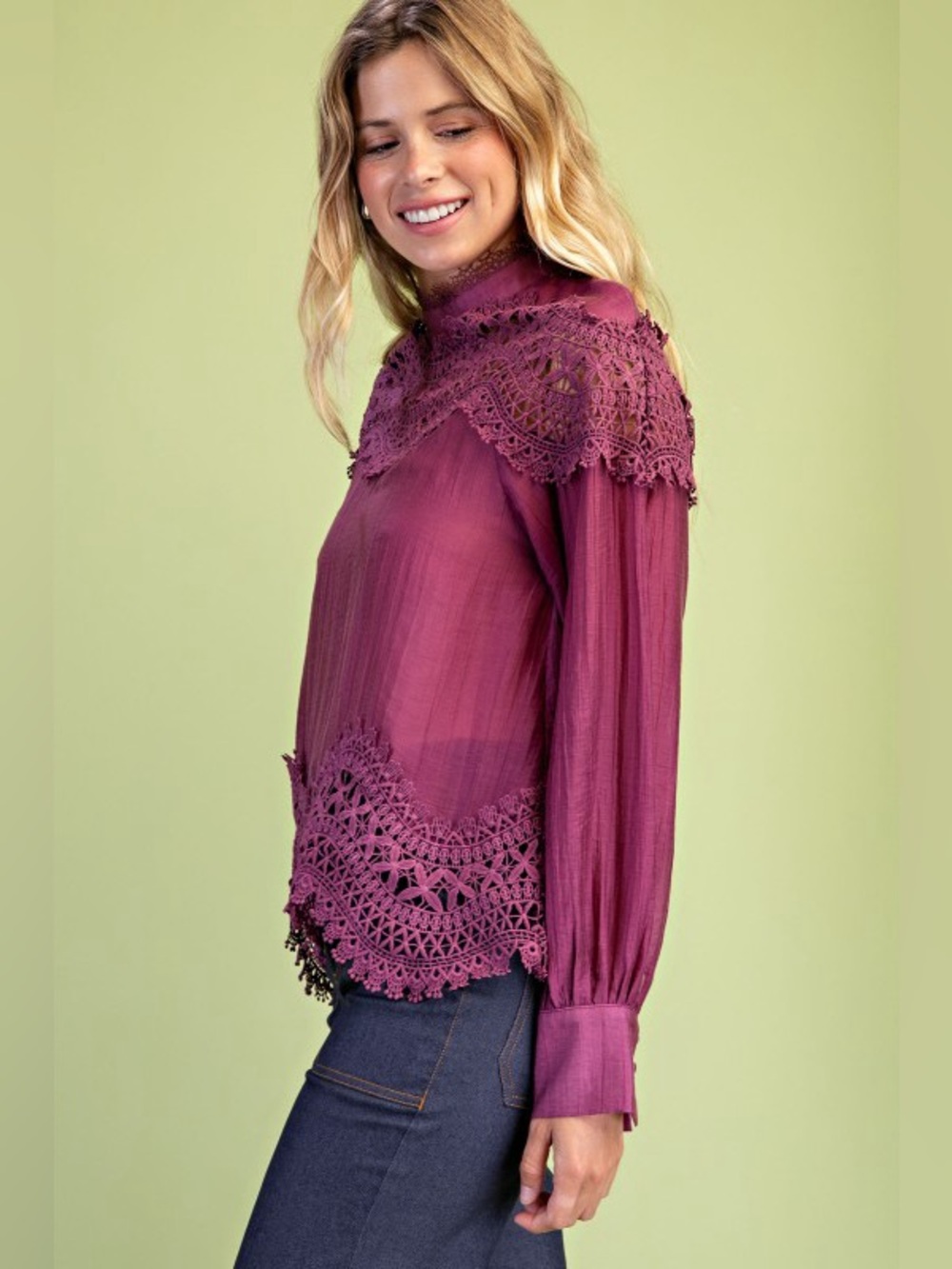 Sheer High-Neck Lace Patchwork Blouse – Plum - Picture 6 of 7